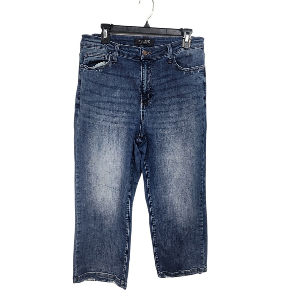 Judy Blue Jeans Women's Size 1331 Mid Wash Cropped Straight Leg Distressed Denim